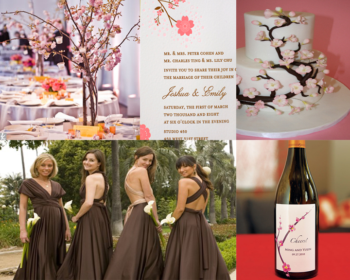 Decorate your reception tables with brown linens cherry blossom floral 