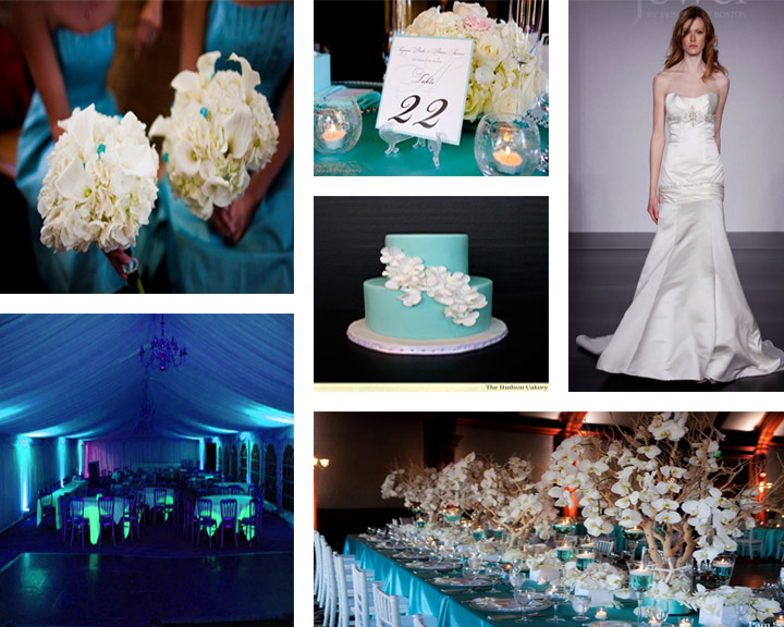 From vibrant Tiffany blue bridesmaid dresses linens and uplighting to white